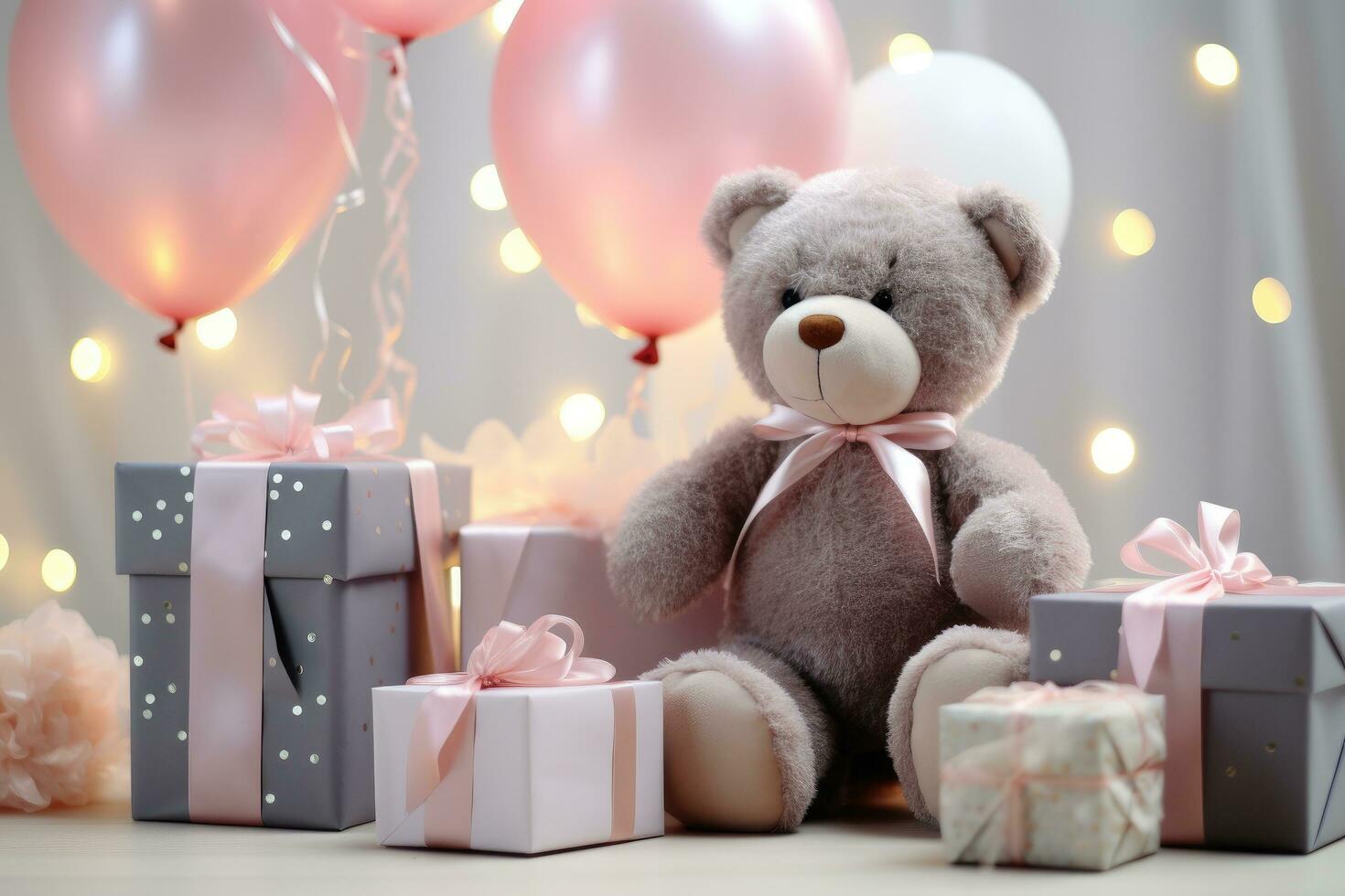 AI generated birthday with a bear holding gift and balloons photo