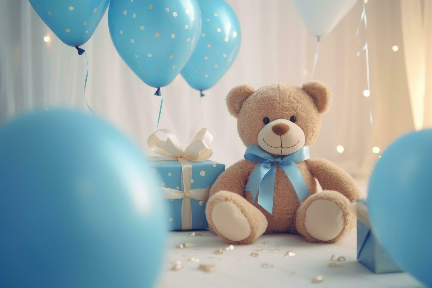 AI generated blue balloons, a bear and presents photo