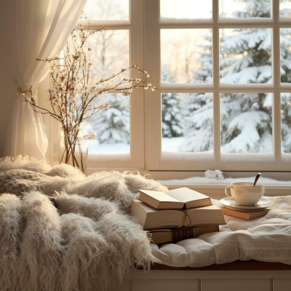 AI generated Cozy winter weekend morning with fluffy slippers, knitwear photo