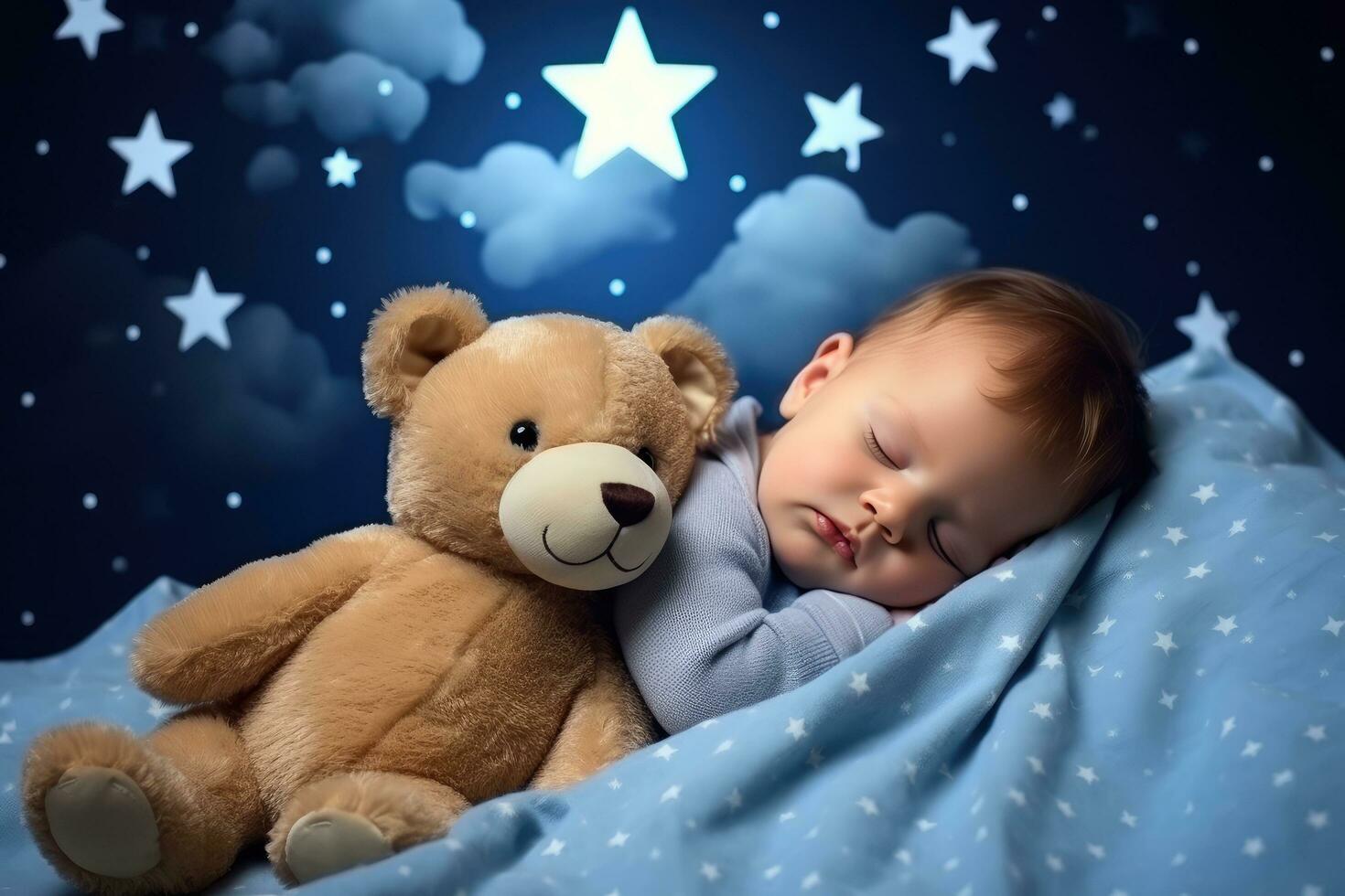 ai generado bebé dormido con un oso dormido con estrellas foto