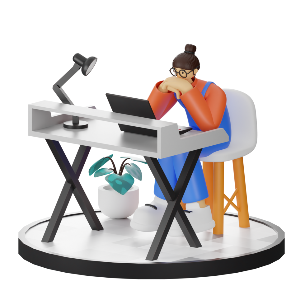 A Teenage Girl's Journey in 3D Illustration at the Computer Desk png