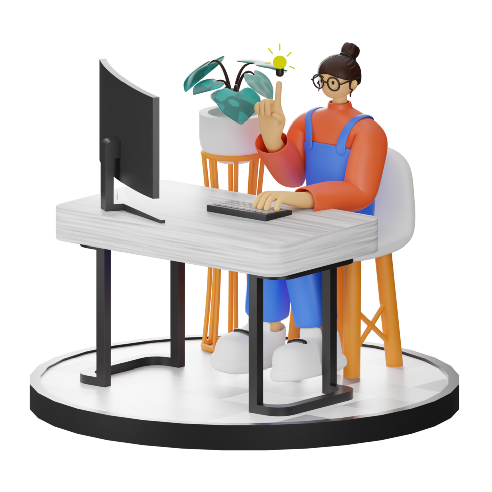 A Teenage Girl's Journey in 3D Illustration at the Computer Desk png