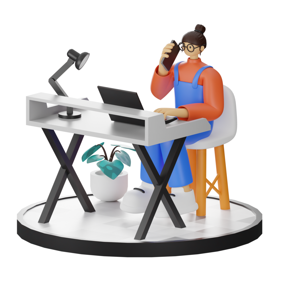 A Teenage Girl's Journey in 3D Illustration at the Computer Desk png