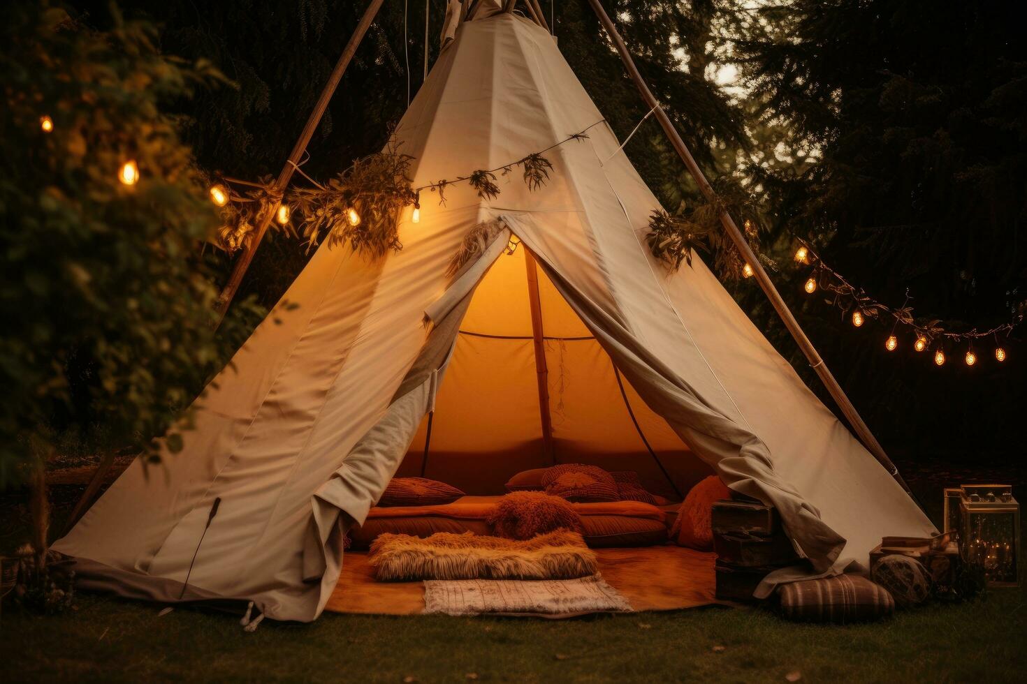 ai generado un tipi tienda sentado en césped lleno con árbol ramas foto