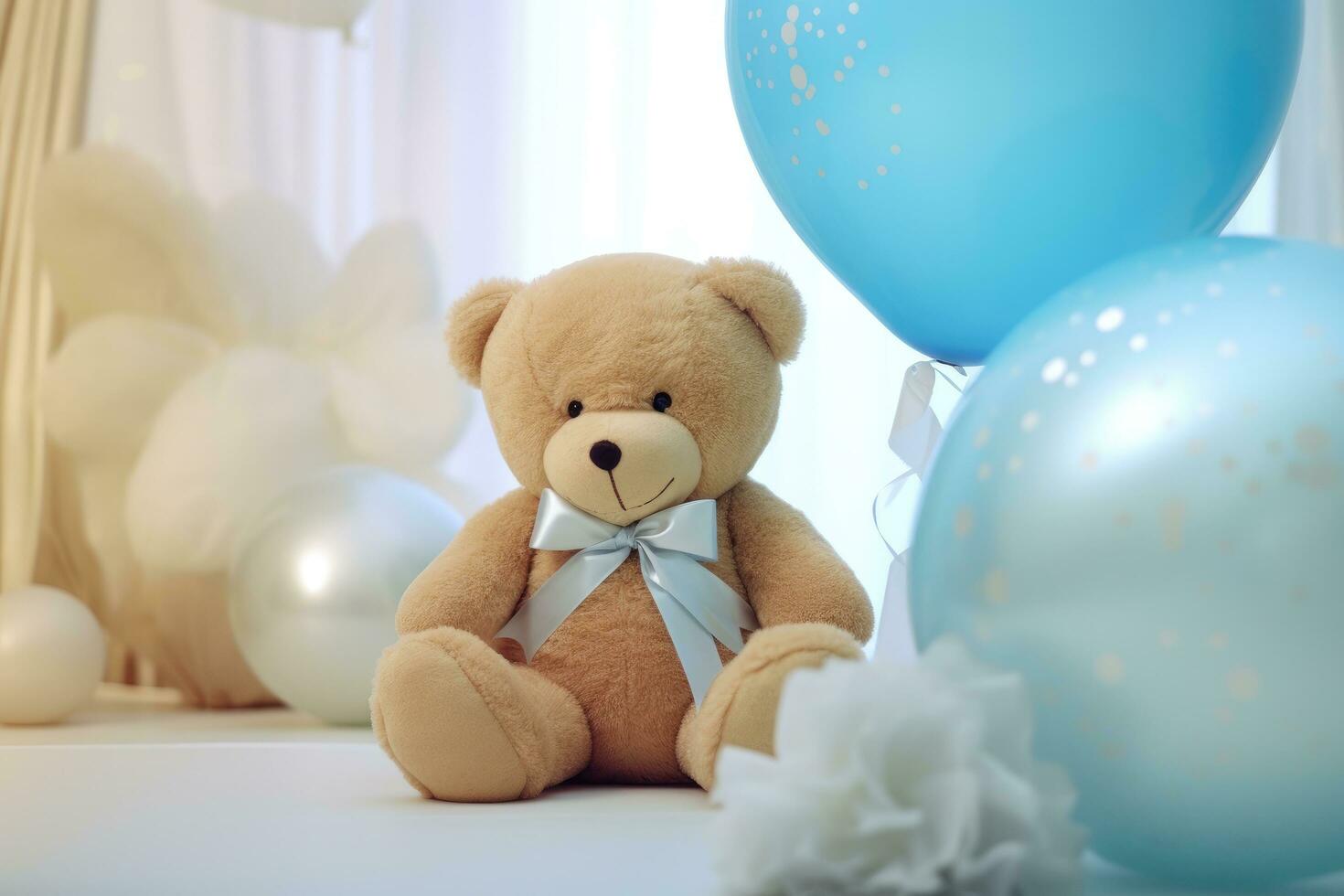 AI generated a bear sits next to blue gifts baby photo