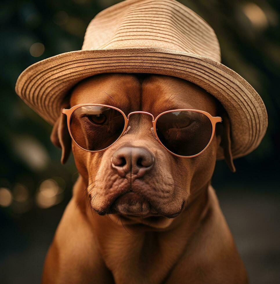 AI generated a pit bull dog wearing sunglasses with a hat photo