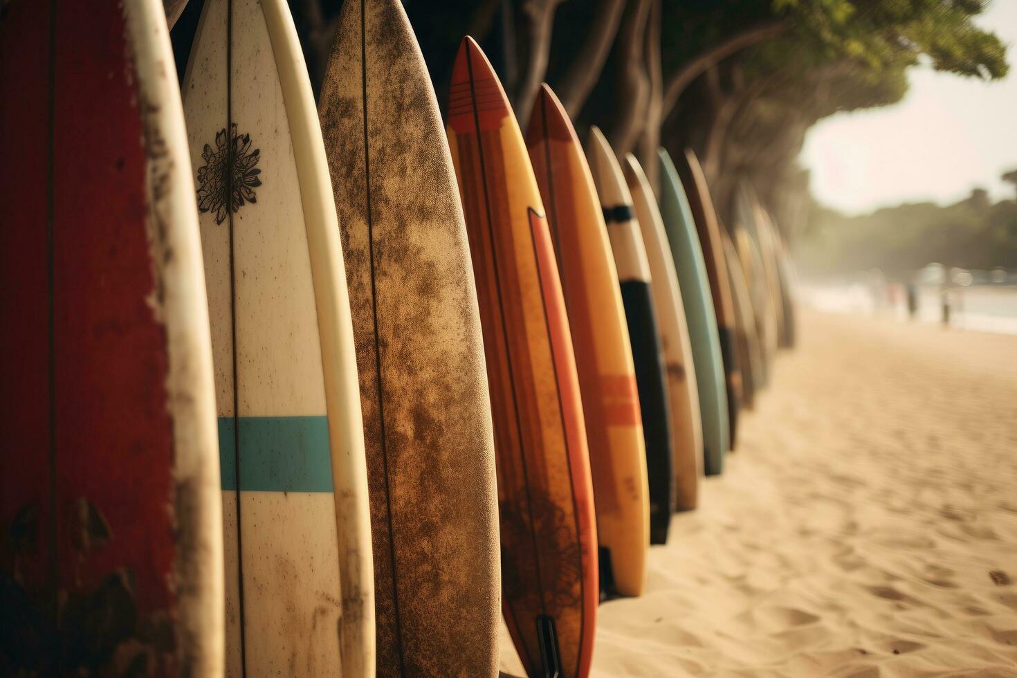 ai generado un fila de tablas de surf a el playa foto