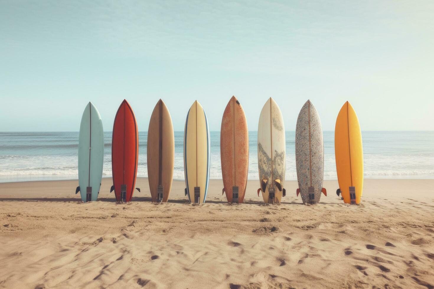 ai generado un fila de tablas de surf a el playa foto