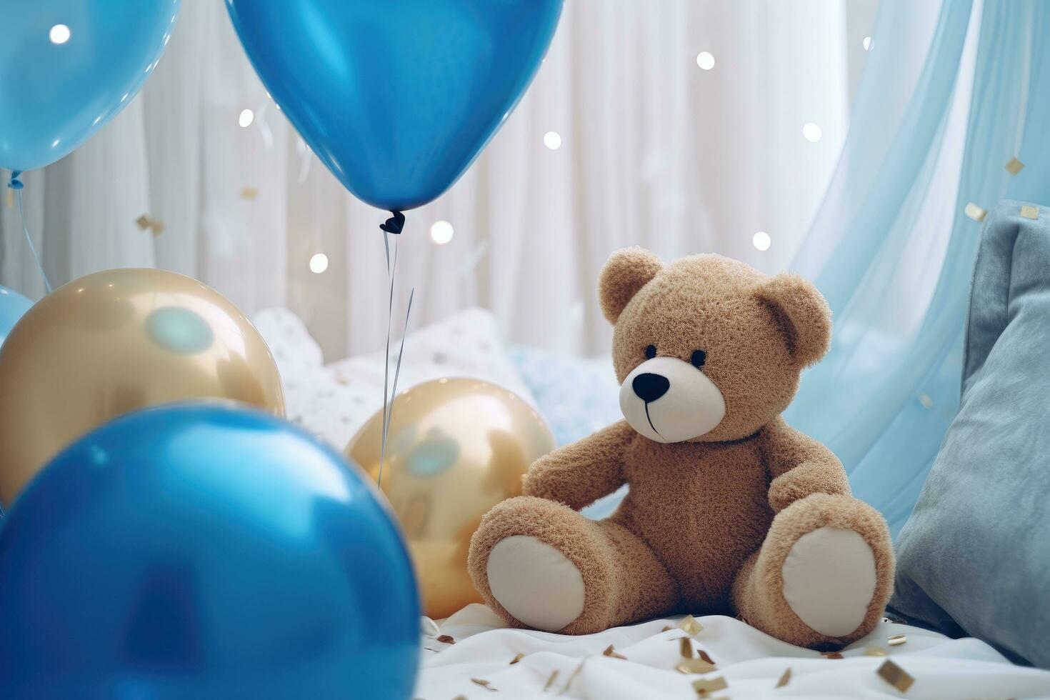 AI generated a bear sits next to blue gifts baby photo