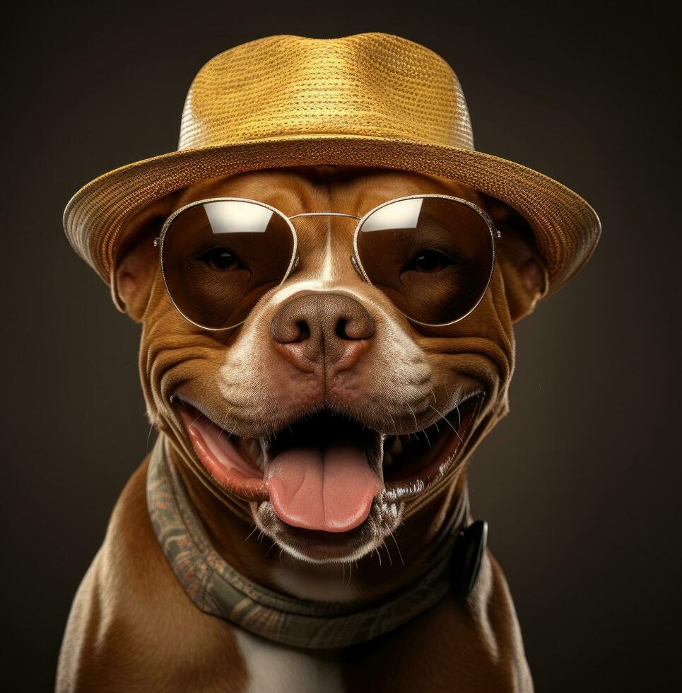 AI generated a pit bull dog wearing sunglasses with a hat photo