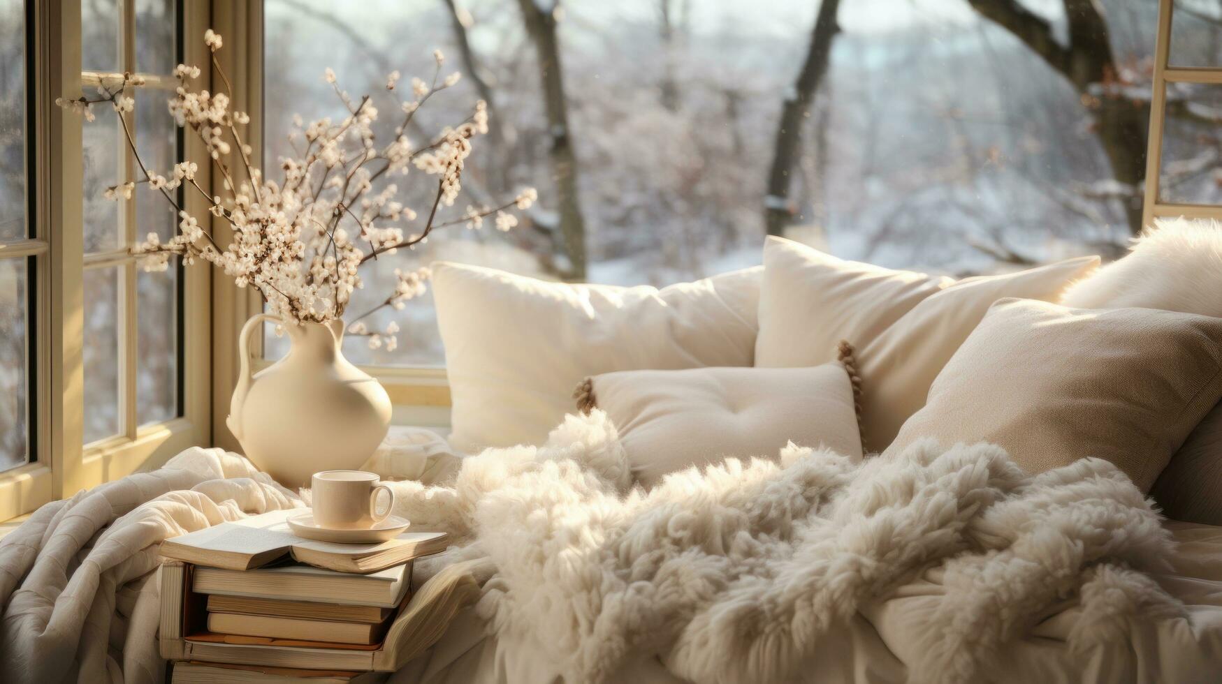 AI generated Cozy winter weekend morning with fluffy slippers, photo