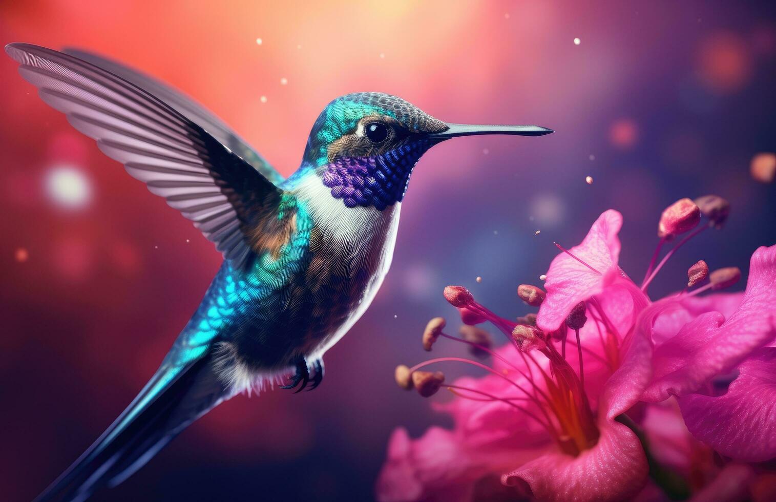 AI generated a blue bird flying among red and white flowers photo