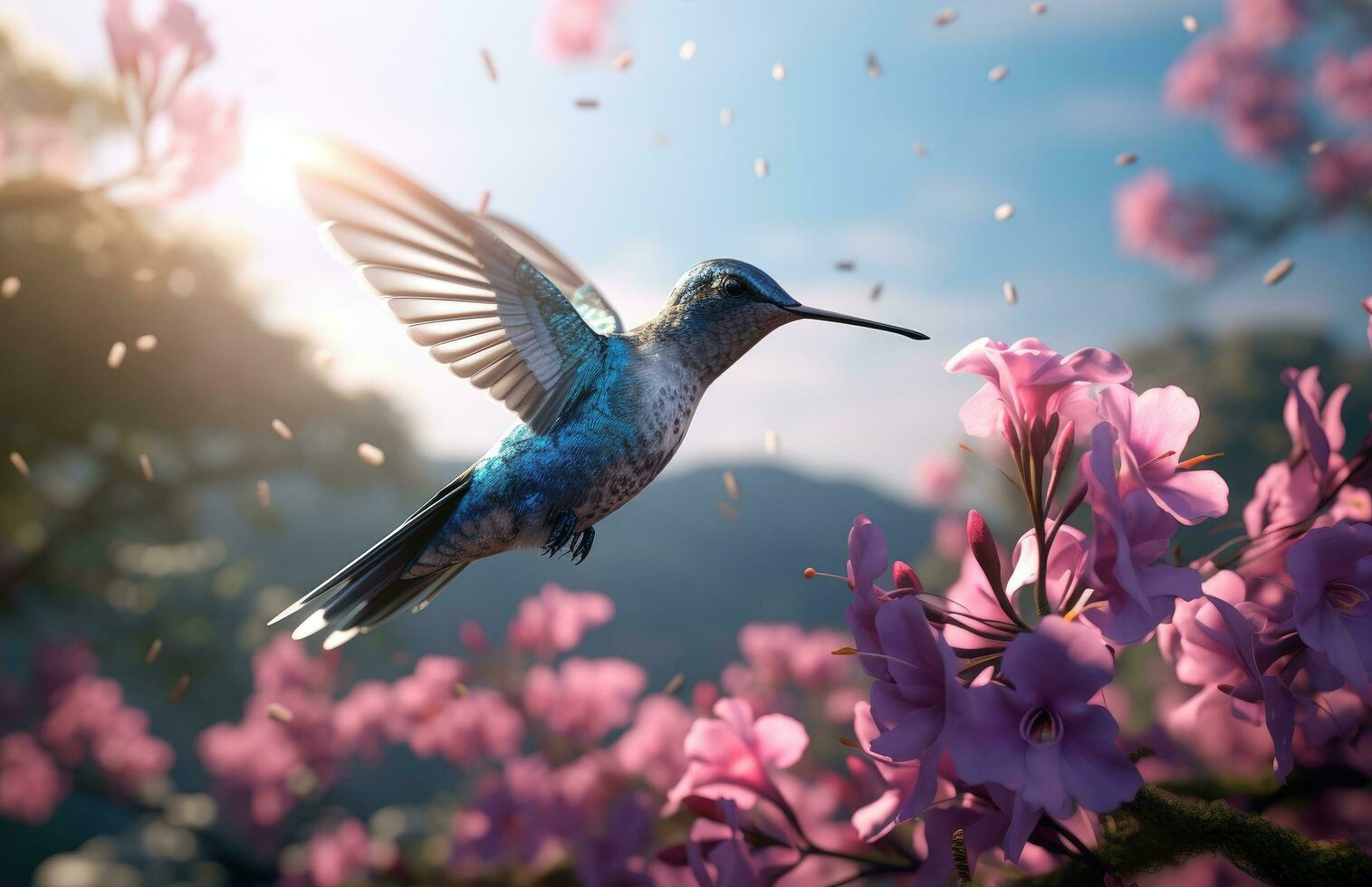 ai generado un azul pájaro volador entre rojo y blanco flores foto