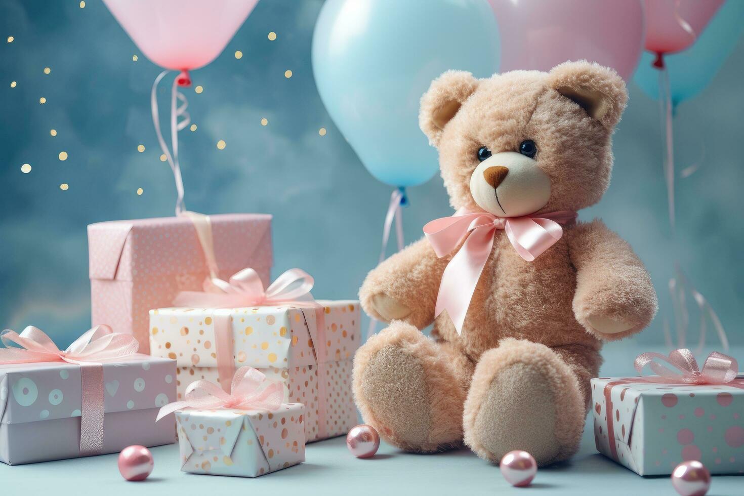 AI generated a brown bear sits at the top of a table with two balloons and several gift boxes photo