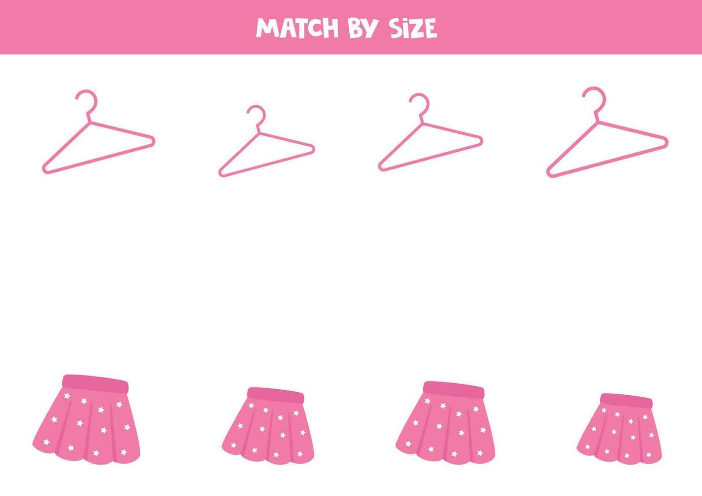 Matching game for preschool kids. Match cartoon pink skirts and hangers by size. vector