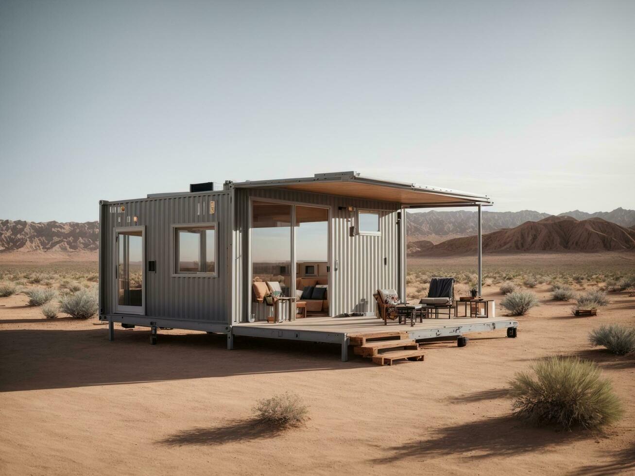 AI generated Modern Container Living. 3D Illustration of a Small House in a Desert Landscape photo