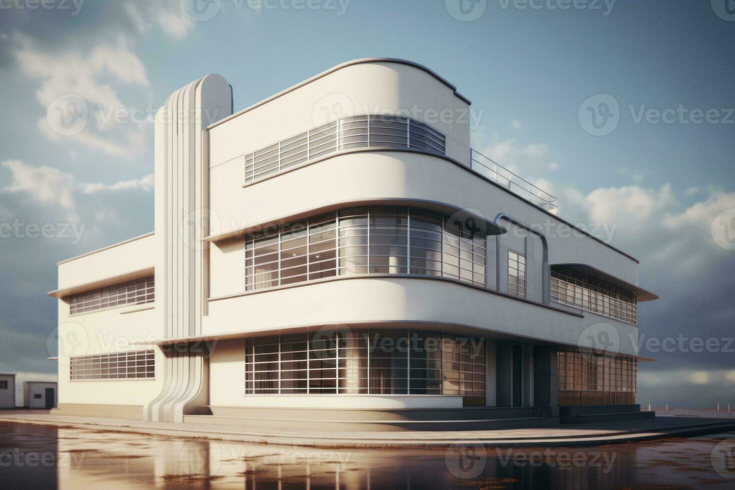 ai generado futurista moderno blanco edificio con un único diseño con curvo paredes y grande ventanas el edificio es en un minimalista estilo. ideal para utilizar en arquitectónico o diseño proyectos foto