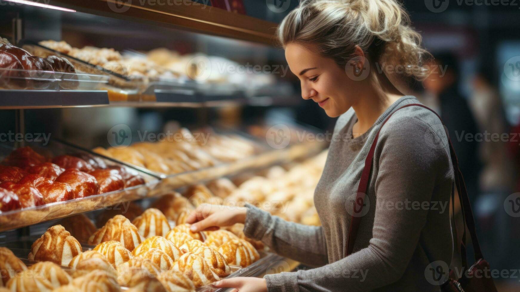 AI generated Woman is looking at a variety of pastries displayed in a bakery. The display case includes bread, croissants, and other baked goods. Lady buying pasty at supermarket. Food shopping photo