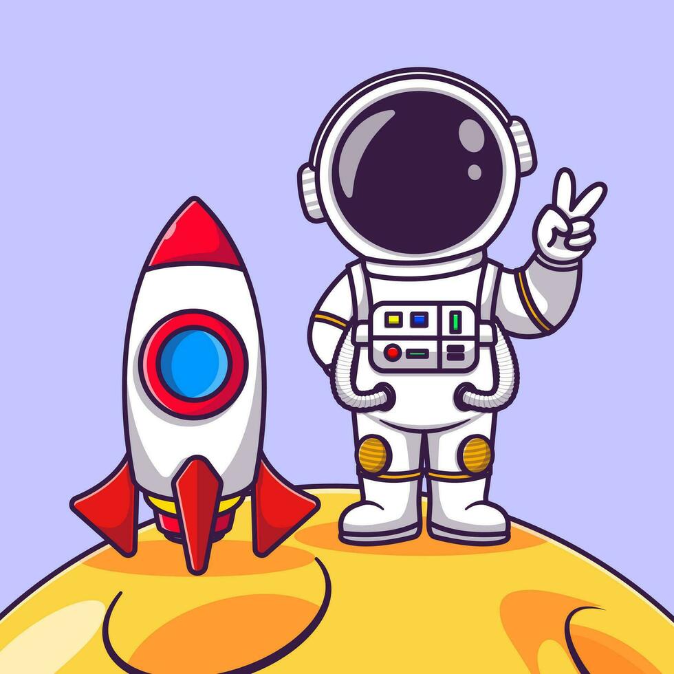 Cute astronaut peace on moon with rocket cartoon vector icon illustration