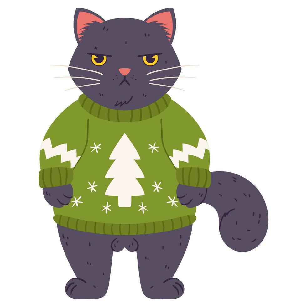 A disgruntled cat stands in a Christmas sweater. Grumpy Fluffy brown colored Cat  wearing a green sweater and a drawing of a pine tree on it. vector