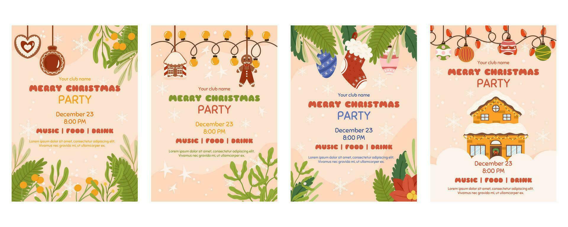 Christmas poster template with copy space, Invitation for Xmas party. Vertical flyer decorated with spruce plants branches, tree toys, light garland, gingerbread cookie and house vector