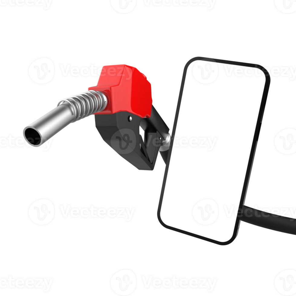 3D render of Gasoline fuel pump nozzle with mobile phone on transparent backgroun png