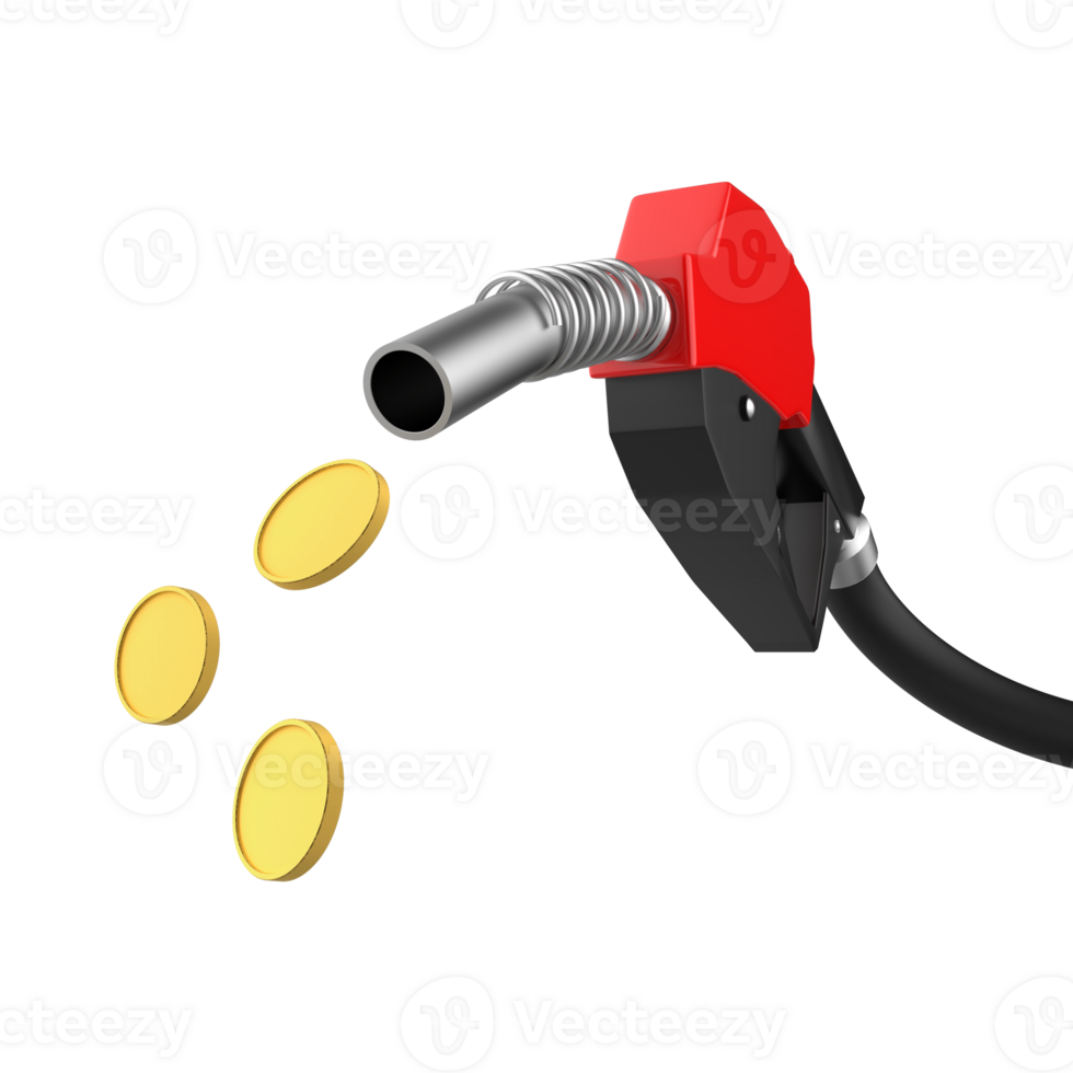 3D render of Gasoline fuel pump nozzle with coins on transparent background PNG