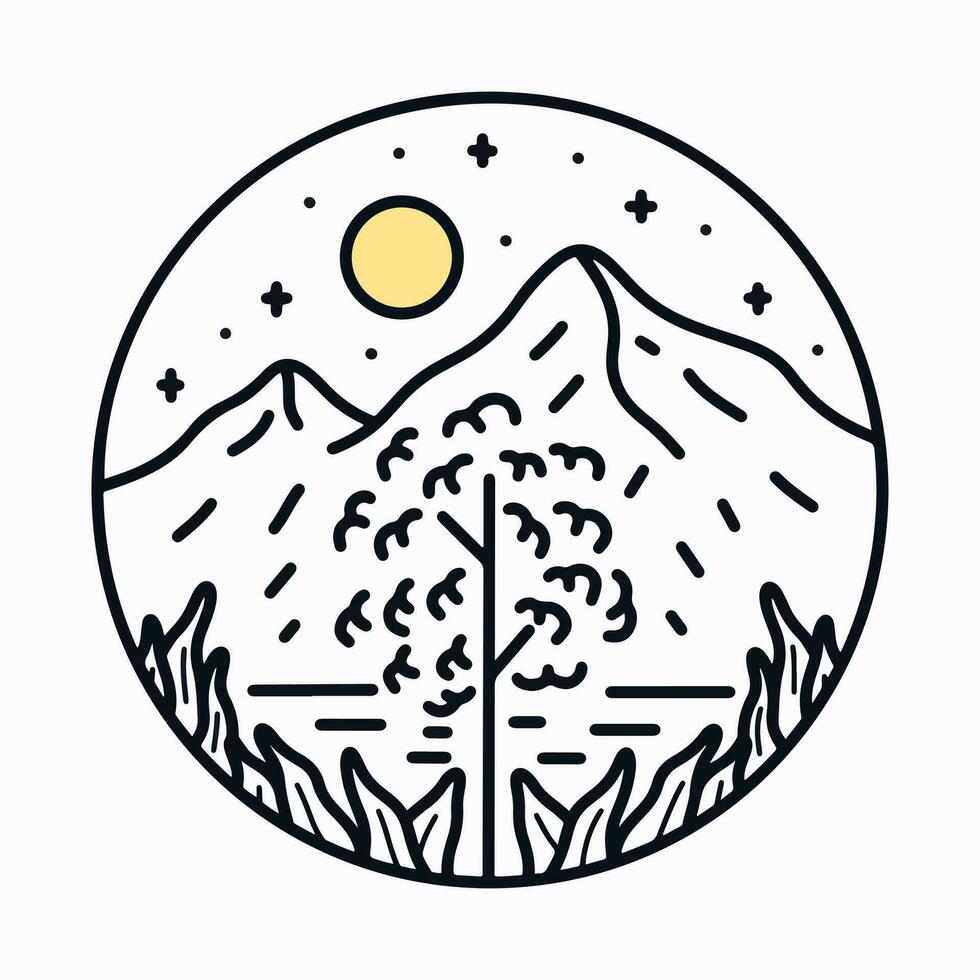 The trees one on the mountain nature camping mono line vector design illustration