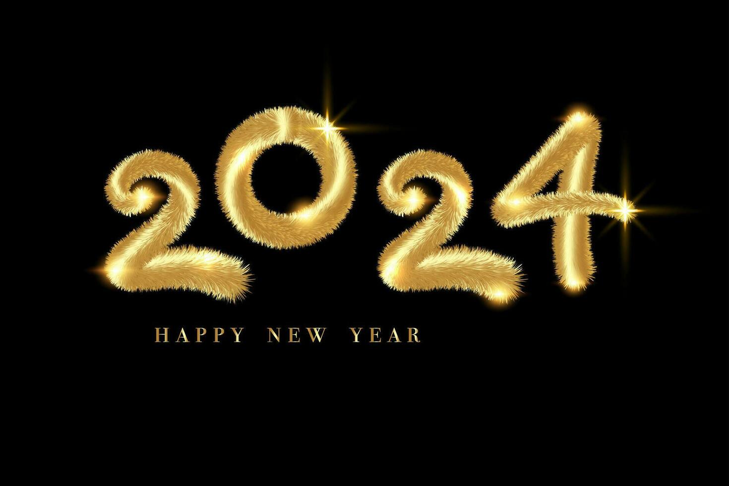 2024 Happy new year made of gold fir branches in golden Fur effect style. Happy Holiday Shiny Luxury Festive Numbers Design, vector banner illustration isolated on a black background