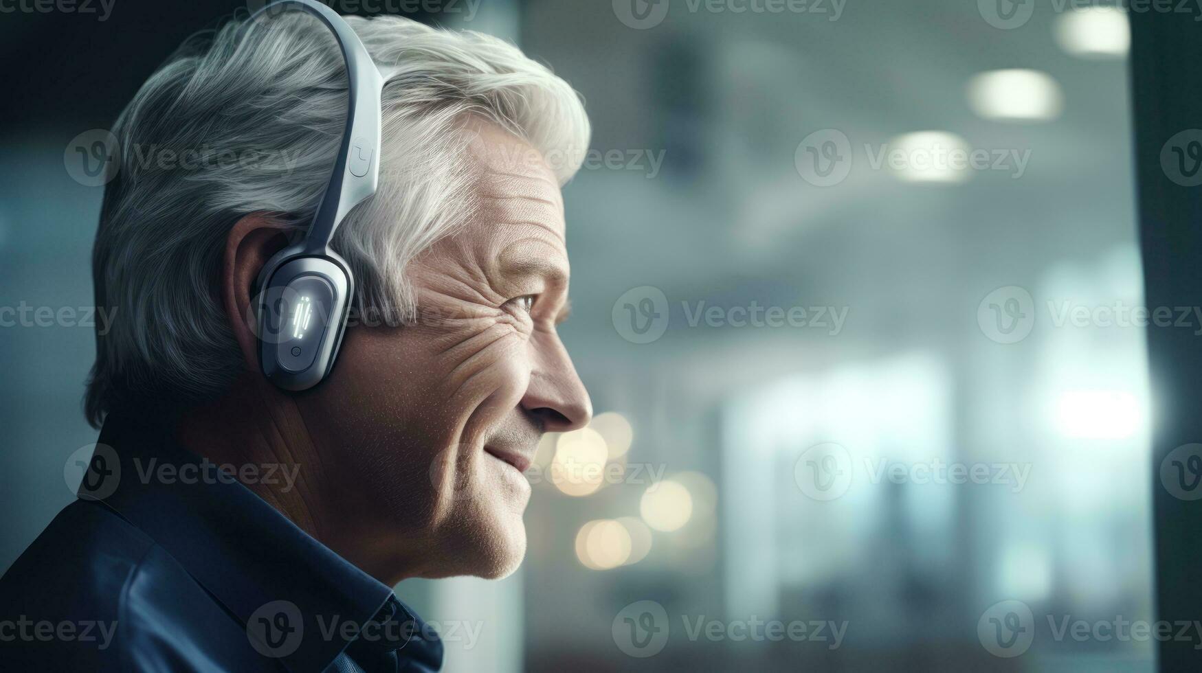 AI generated Hearing aid device on an elderly persons ear. Treatment of people with hearing loss. Medicine and science. Ideal for showcasing in medical and healthcare services. photo