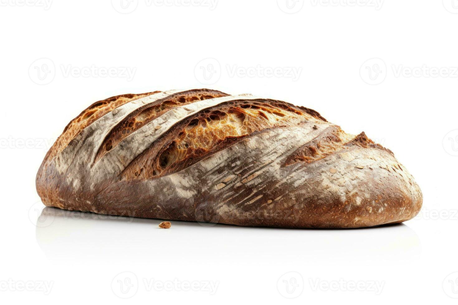 AI generated Rye Bread on white background. Freshly baked golden brown loaf of bread with crispy crust. Made from organic whole grain rye flour. Healthy food. For bakery, food blog photo