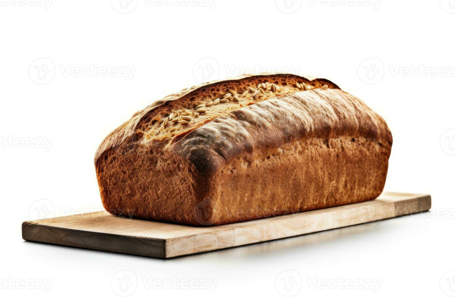 AI generated Rye Bread on white background. Freshly baked golden brown loaf of bread with a crispy crust. Made from organic whole grain rye flour. Healthy food. For bakery, food blog, recipe book photo