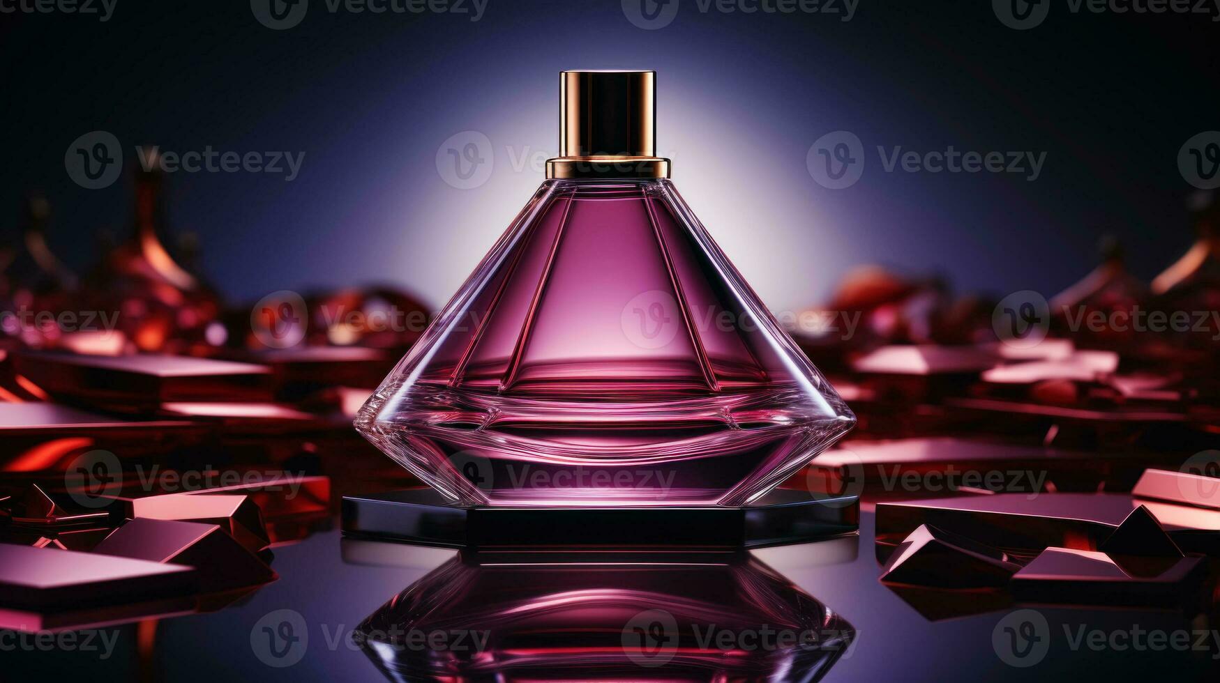 AI Generated Minimalistic image of a fuchsia perfume bottle in the center with studio lighting. Luxurious background. Generative AI photo