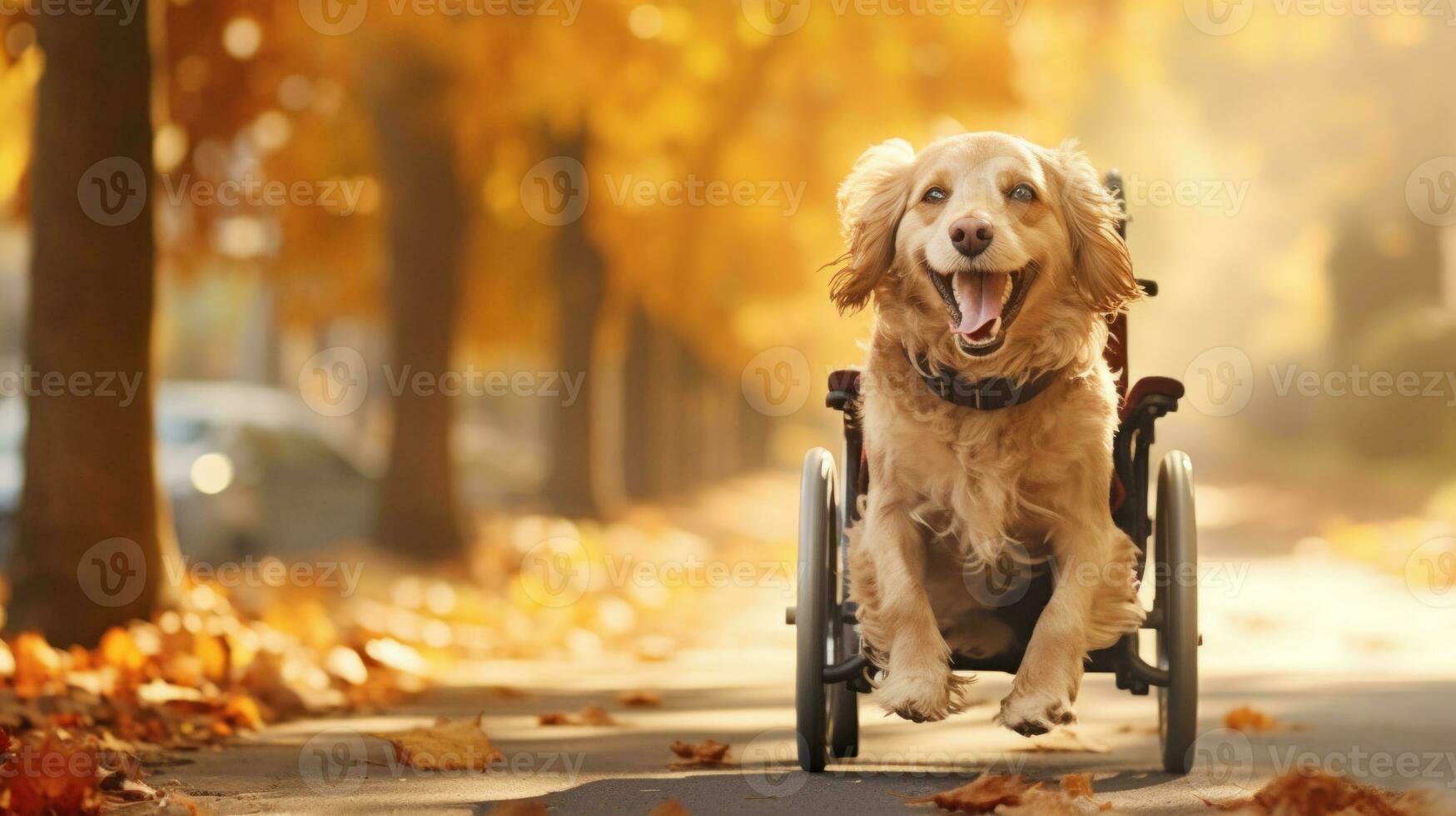 AI generated Happy joyful dog in wheelchair runs with his tongue hanging out while walking in park. Dog is disabled. Helping injured dogs. Love to the animals. Advertising, banner, poster, pet store. photo