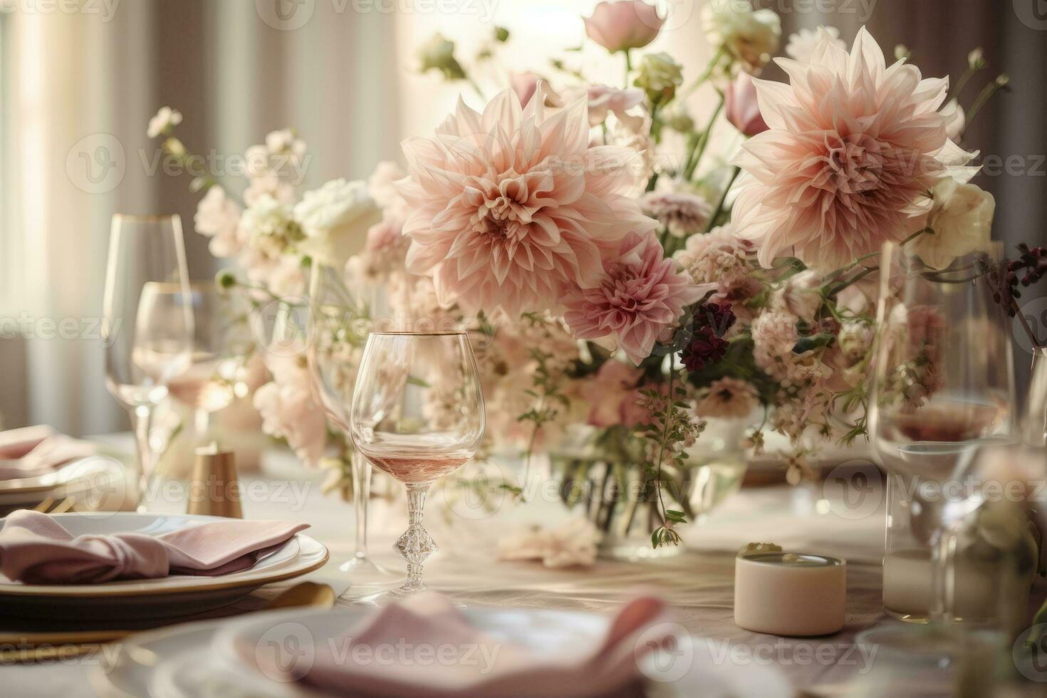 AI generated Luxury elegant table setting with glasses and dishes. Beautiful flowers decorated on the table. Generative AI photo
