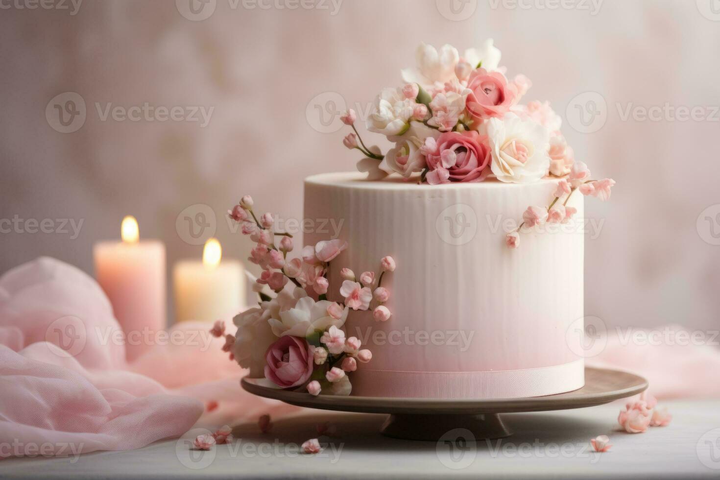 AI generated Valentine's Day cake decorated with flowers. Romantic love concept. Generative AI photo