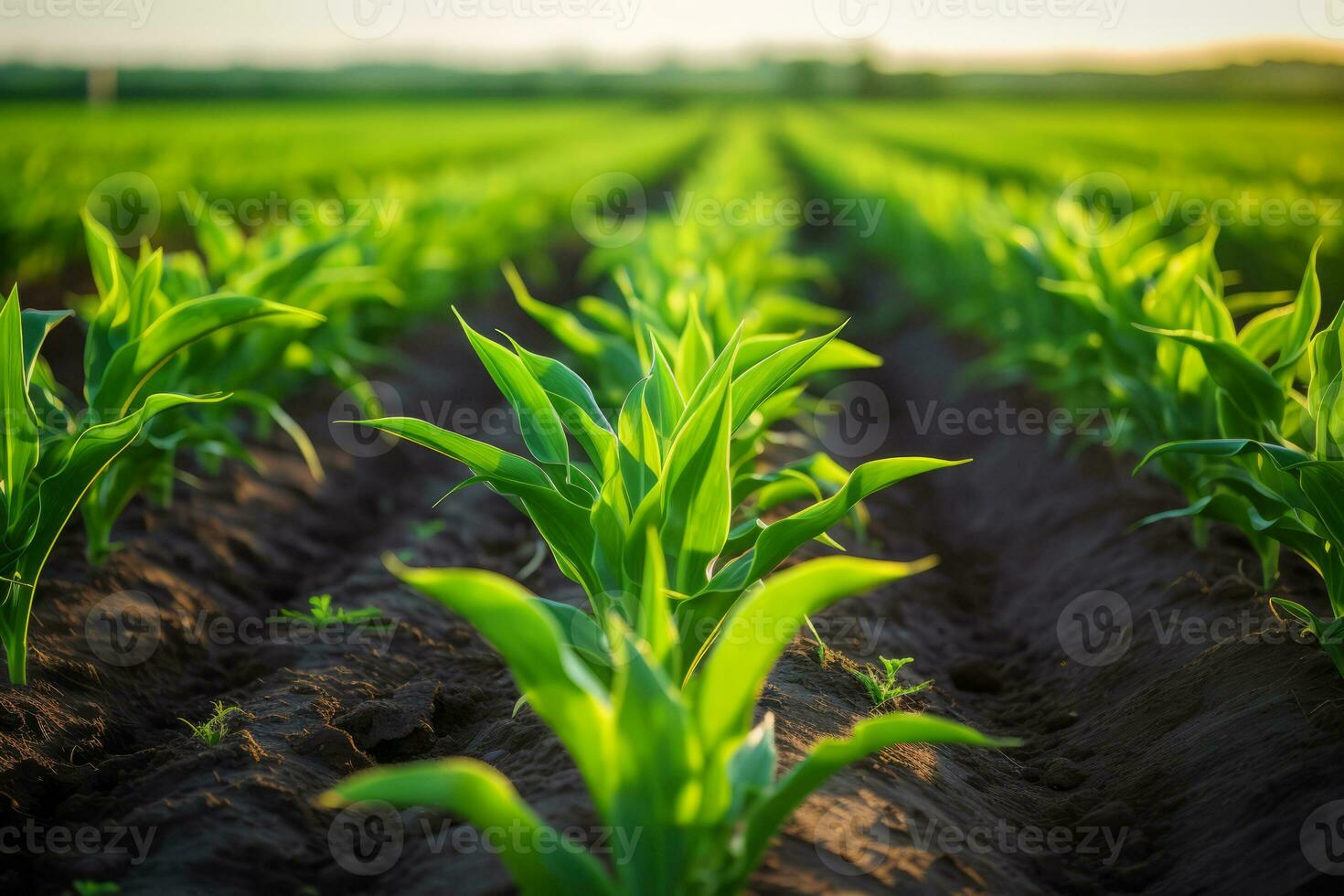 AI generated Rows of young corn plants growing on the field. Generative AI photo