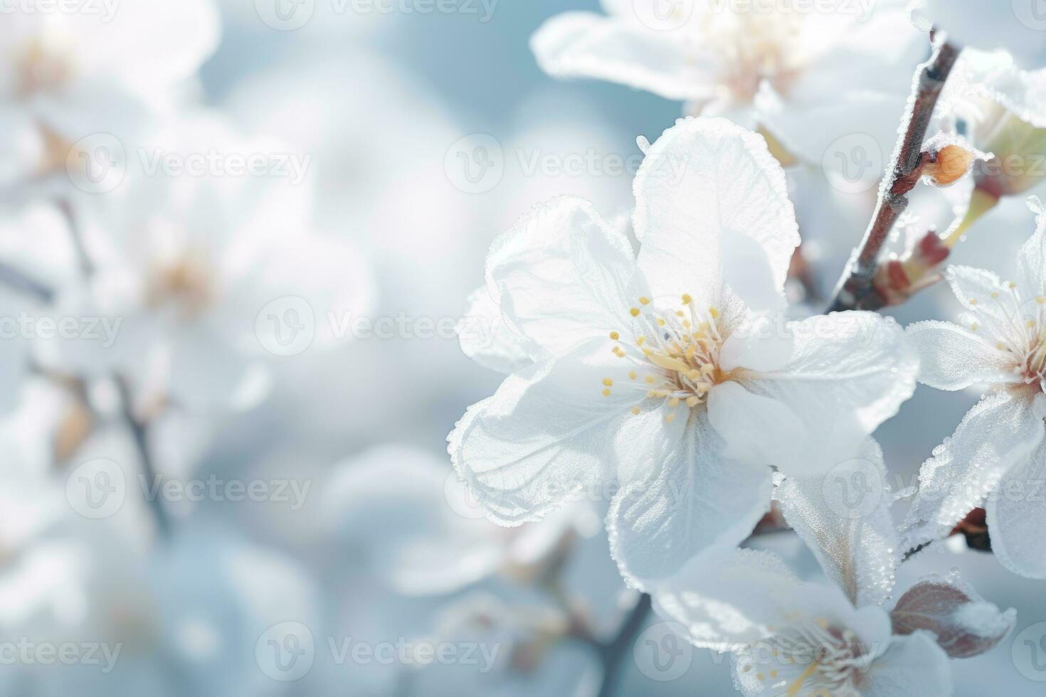 AI generated Tree branch with blossoms on a snowy day. A winter blossom with glistening frost. Generative AI photo