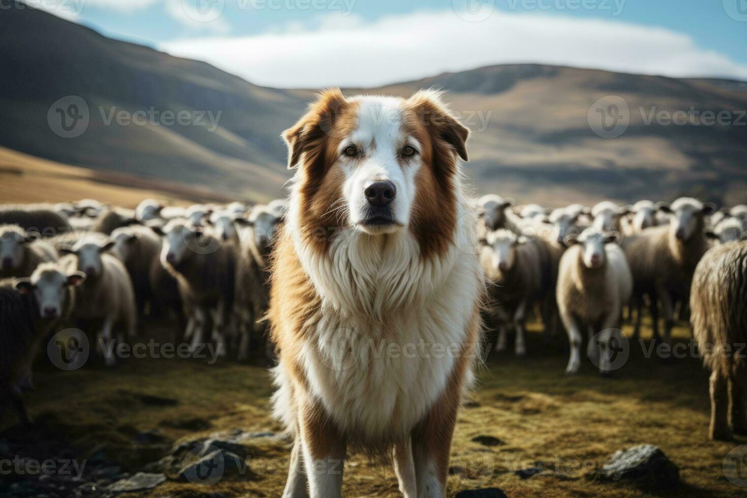 AI generated Shepherd dog guarding and leading the sheep flock on a summer day. Generative AI photo