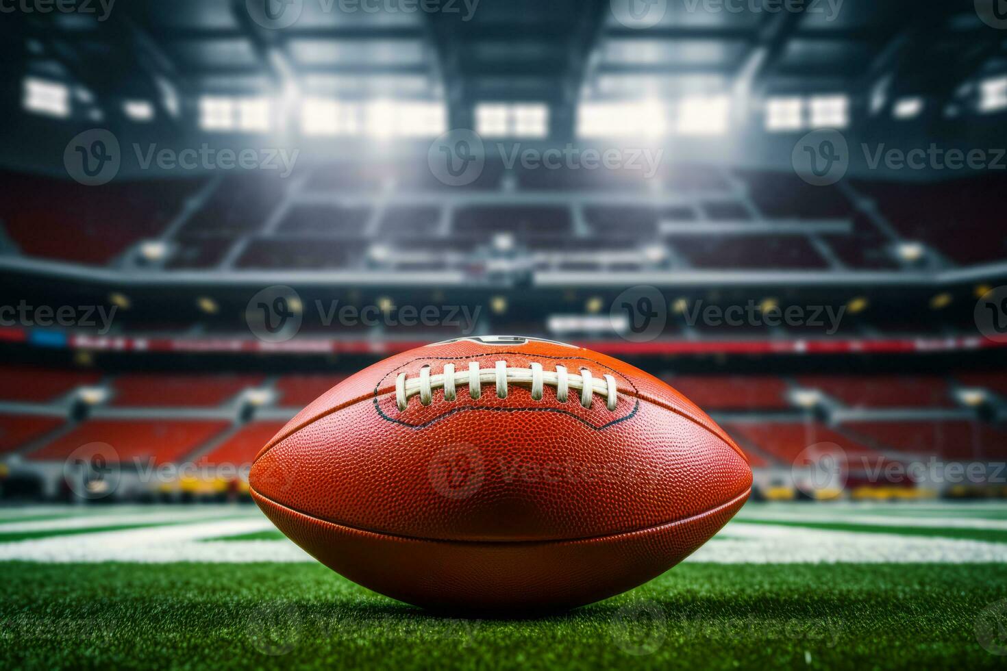 AI generated American football ball on stadium. American football arena. Generative AI photo