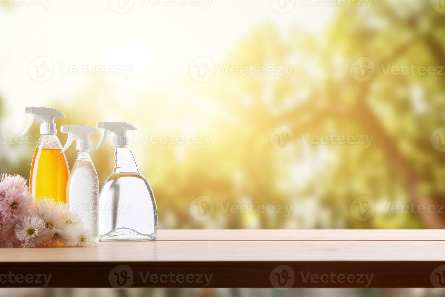 AI generated Empty wooden table with household cleaning products in front blurred background. Generative AI photo