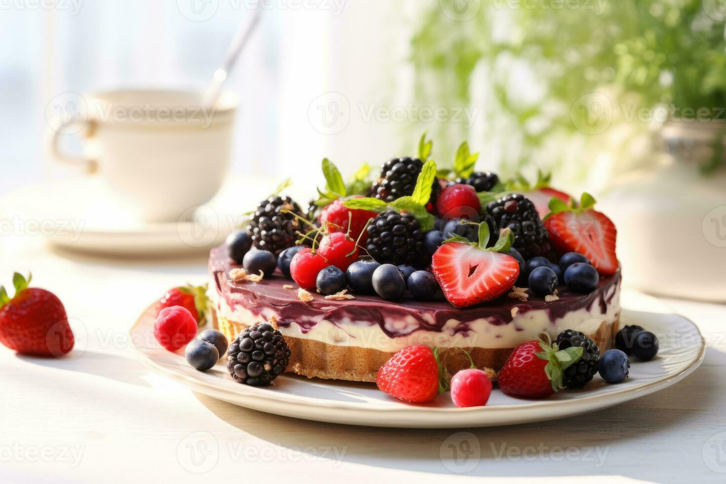 AI generated Mixed berry cheesecake tart with chocolate on light sunny background. Generative AI photo