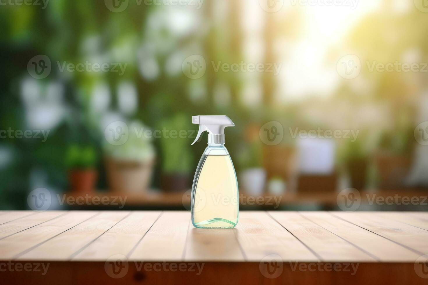 AI generated Empty wooden table with household cleaning products in front blurred background. Generative AI photo