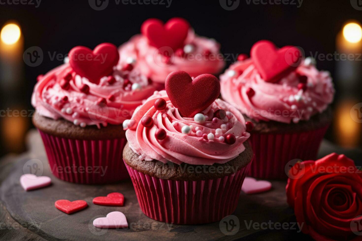 AI generated Cupcakes with decorations, with cream cheese and frosting for Valentine's day. Generative AI photo