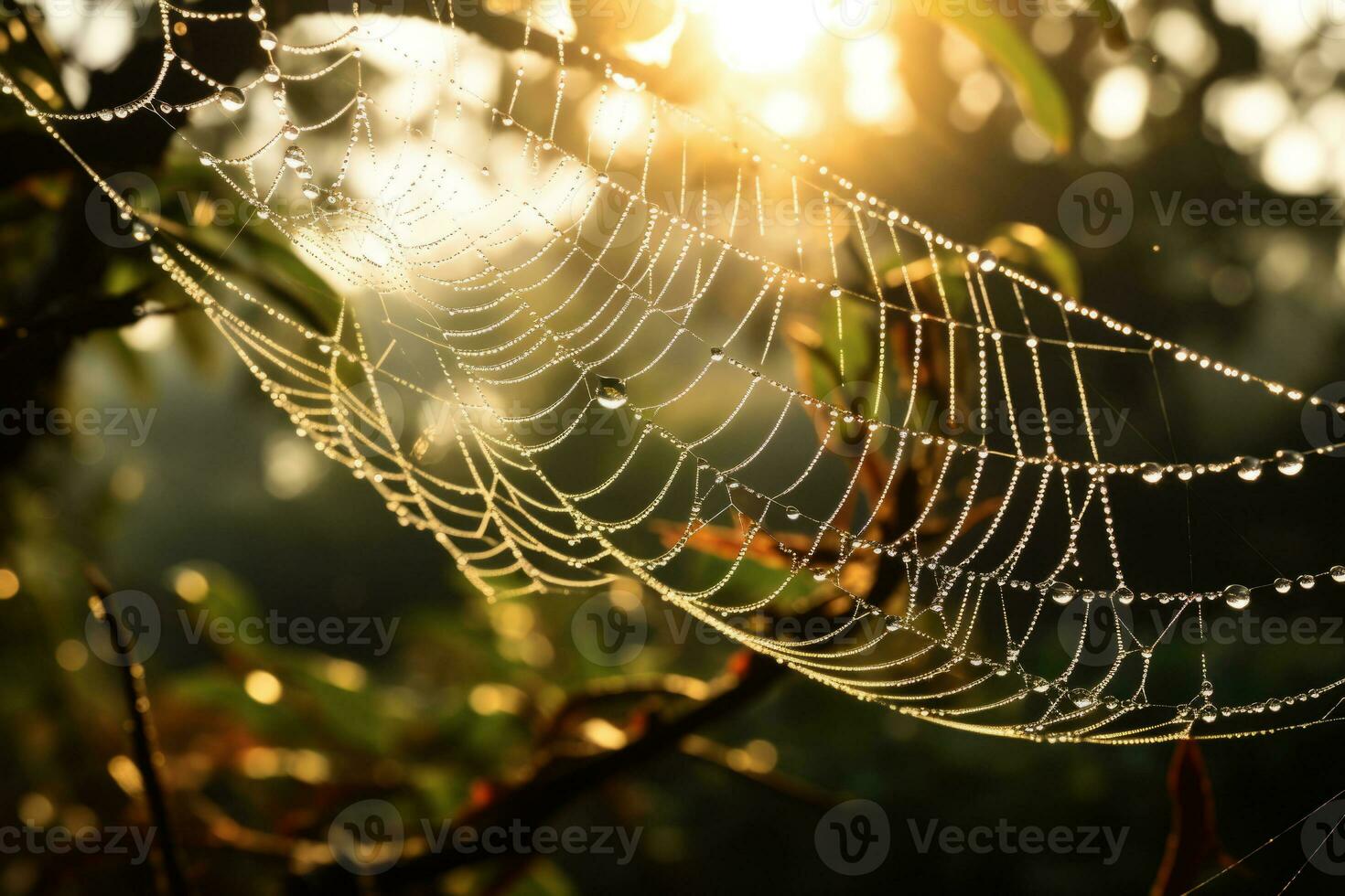 AI generated Cold dew condensing on a spiderweb with morning light rays in the background. Generative AI photo