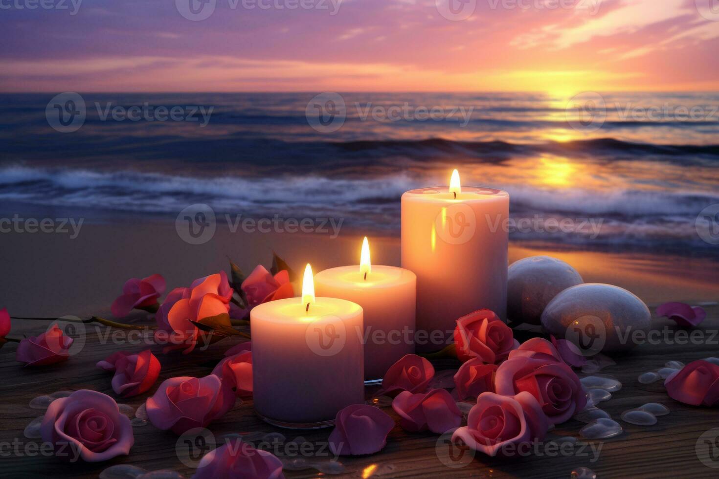 AI generated Romance by the sea side. Candles, flowers and sunset. Generative AI photo