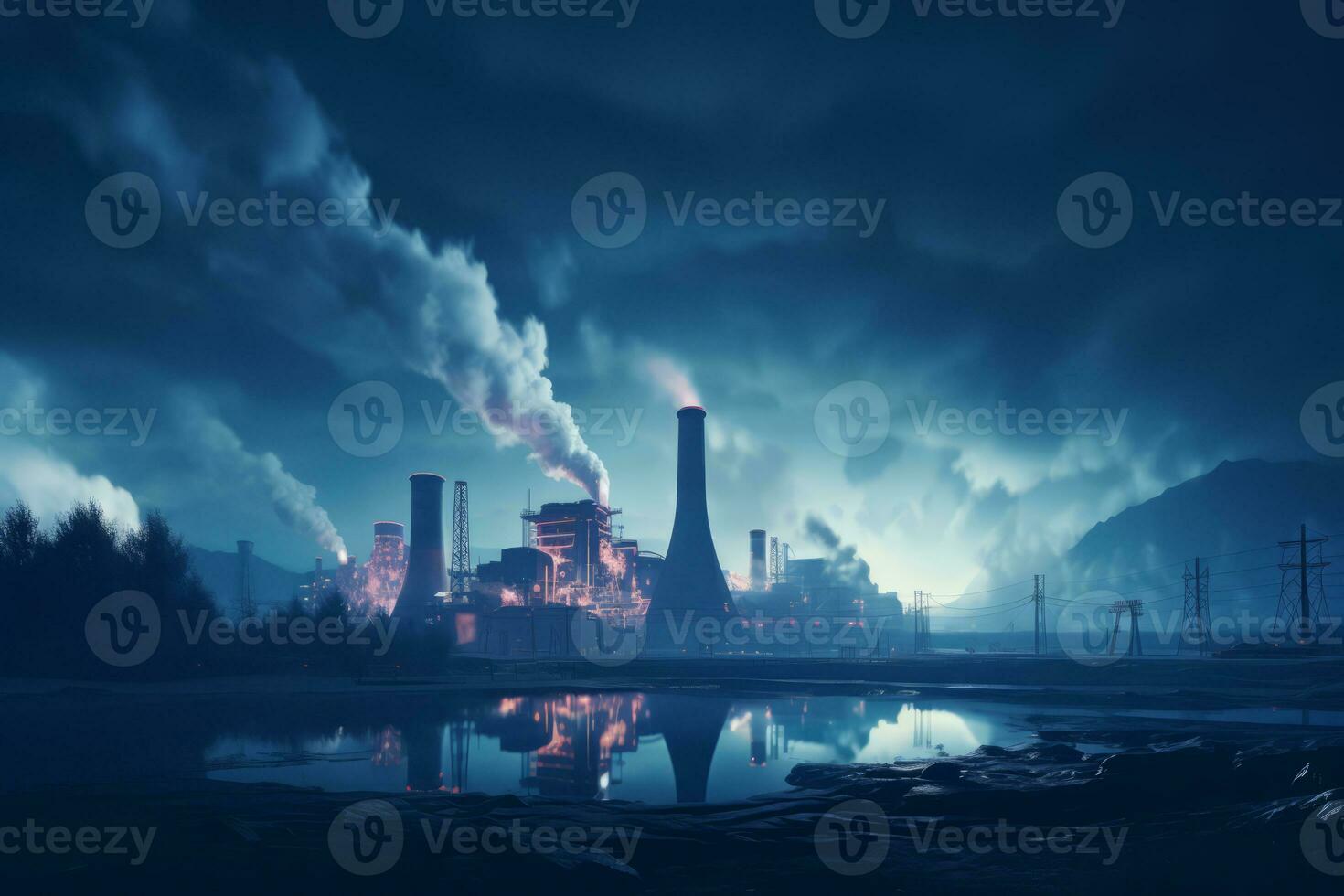 AI generated Huge factory in mist. Industrial plant polluting the atmosphere. Industry landscape. Generative AI photo