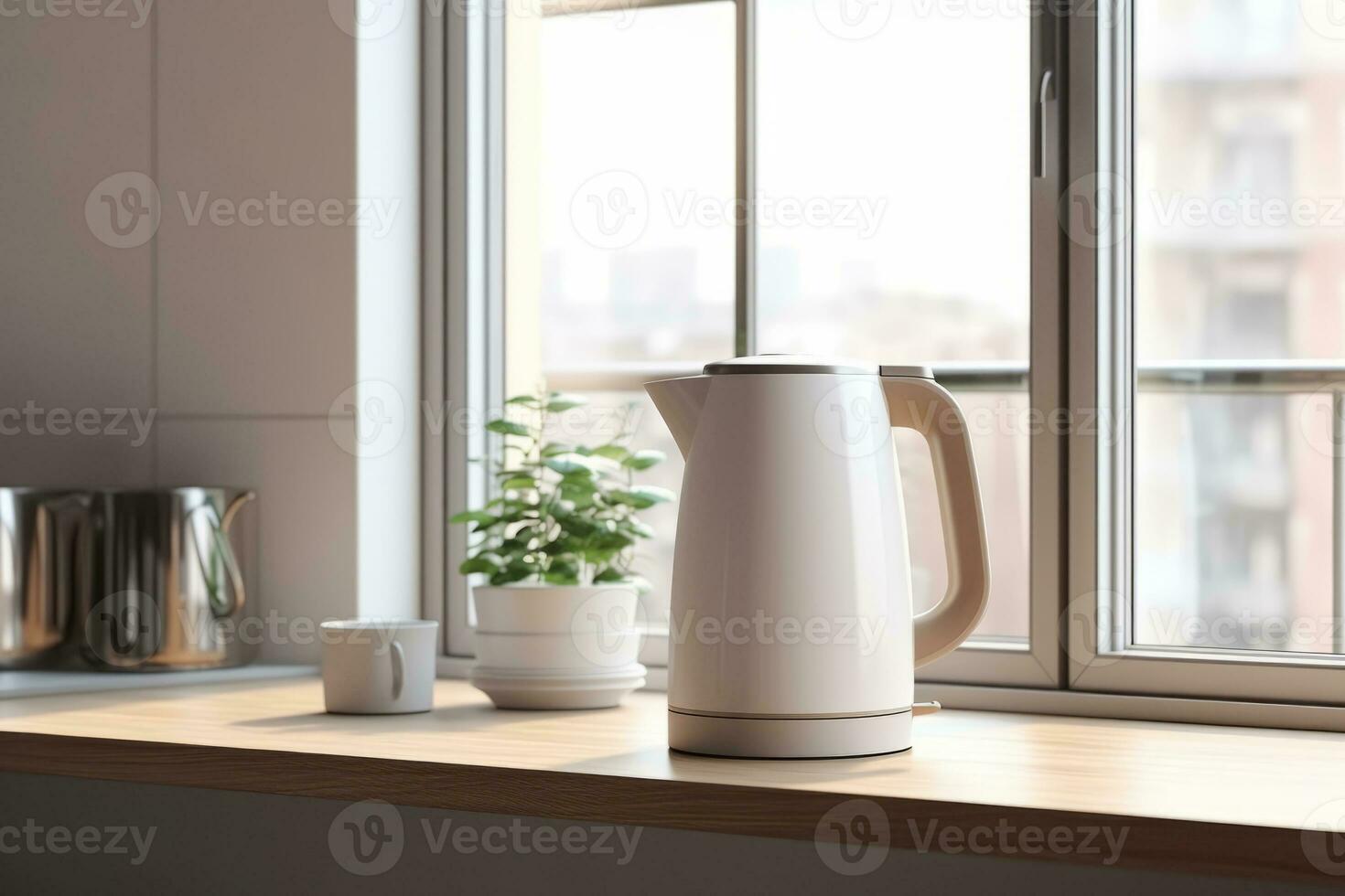 AI generated Empty airy kitchen interior and modern electric kettle. Generative AI photo