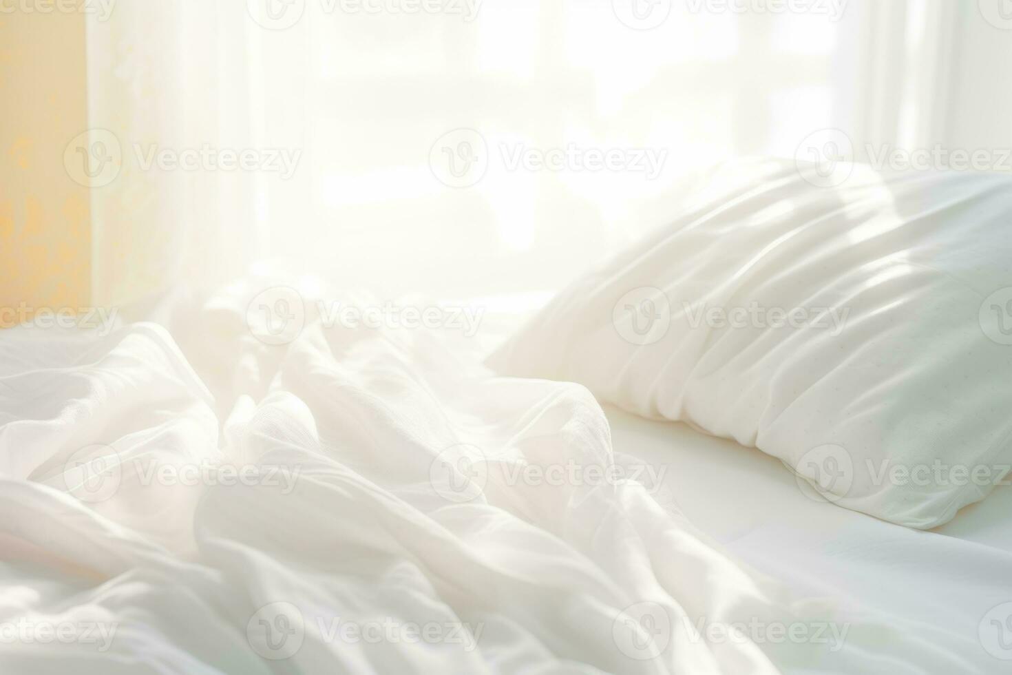 AI generated Bed with crumpled bed sheet, a blanket and pillows after waking up in the morning. Generative AI photo