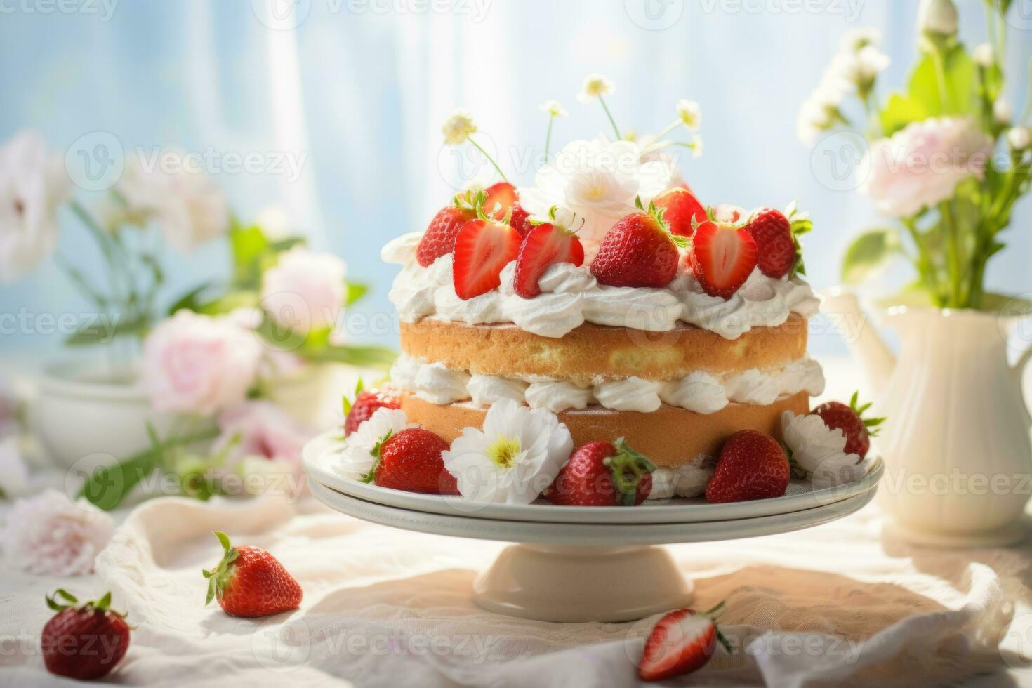 AI generated Strawberry shortcake with tulips to the side. A spring food concept on light sunny background. Generative AI photo